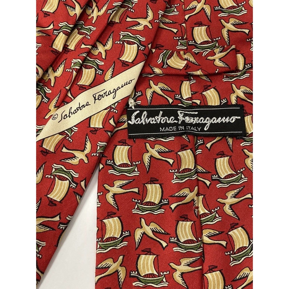 SALVATORE FERRAGAMO ITALY Sailboat & Bird Ship Design Red 100% SILK TIE Boat